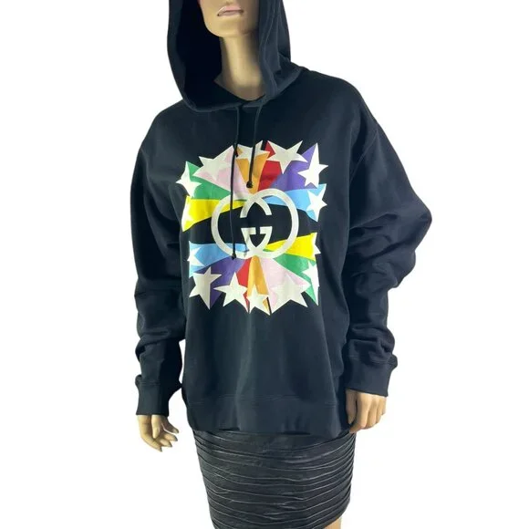 $1,250 GUCCI Black Cotton Multicolor Start GG Men's Hooded Sweatshirt Italy L